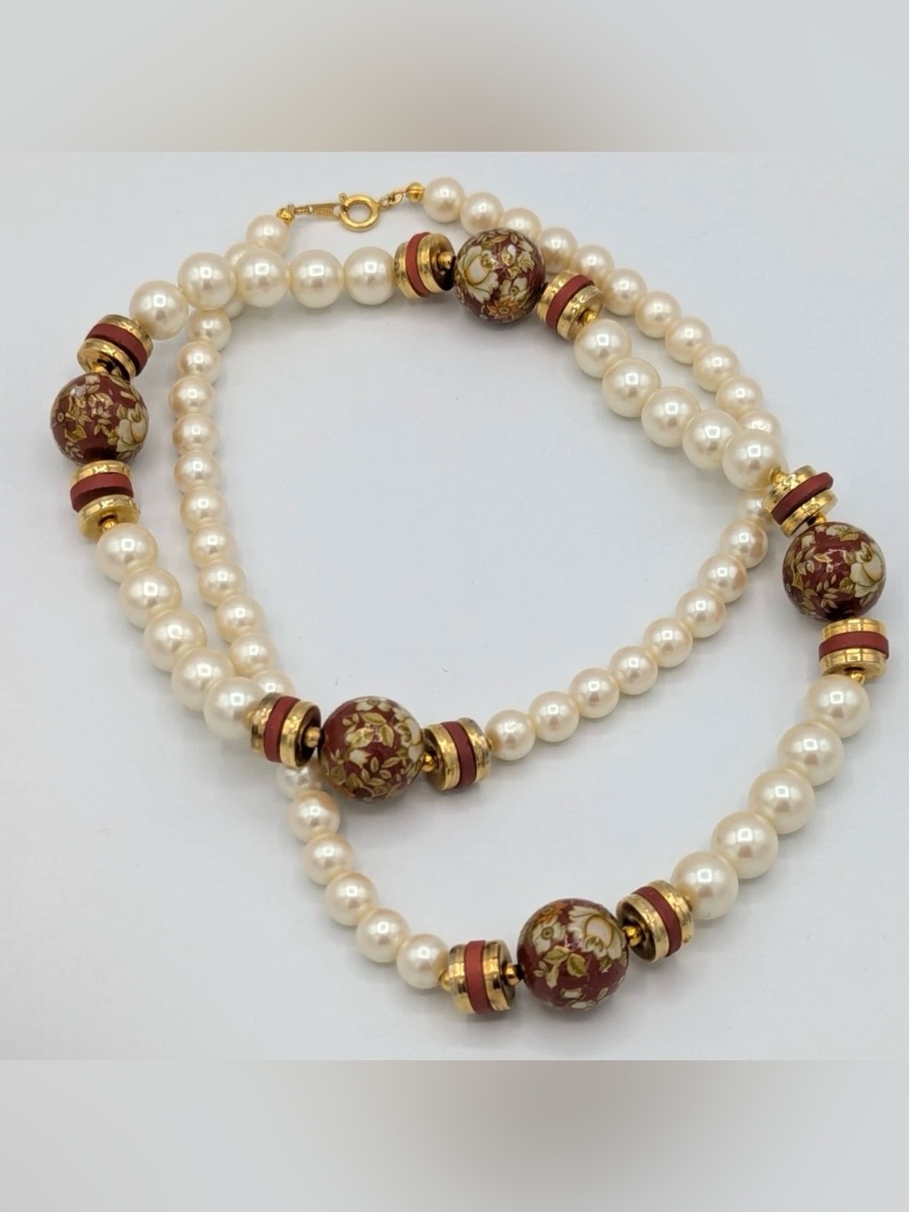 Vintage Japan Tensha Pearl Bead Floral Necklace Red Gold 28”